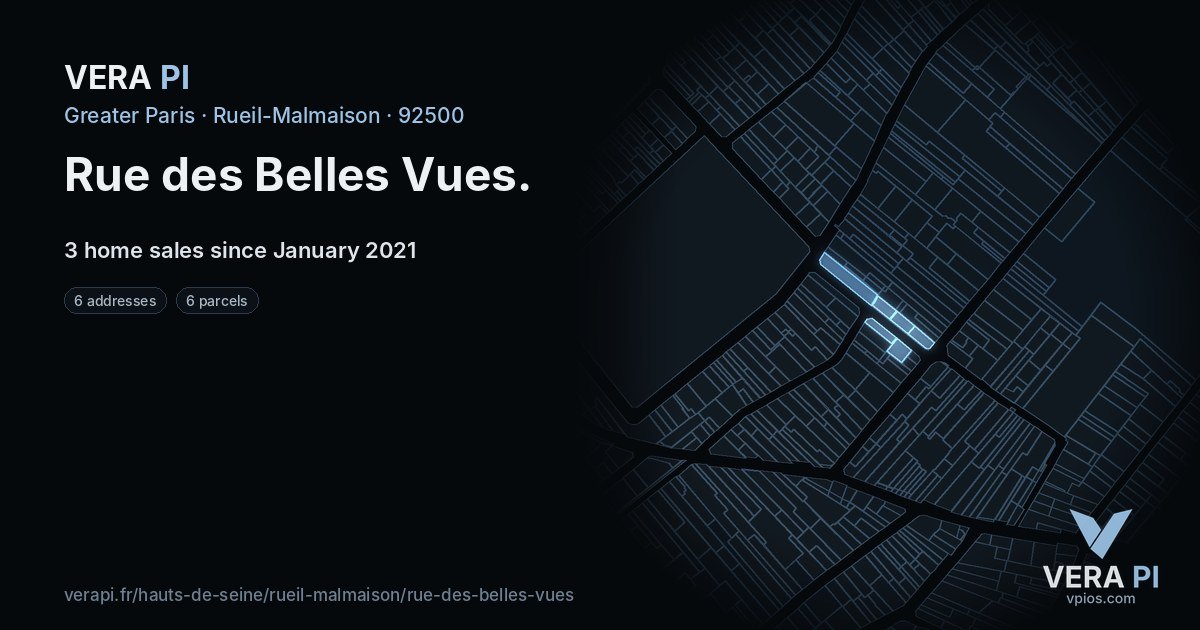 Rue des Belles Vues, Rueil-Malmaison at night – every parcel coloured by the prices around it, the street's own parcels lit