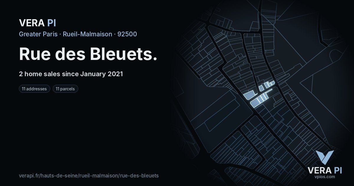 Rue des Bleuets, Rueil-Malmaison at night – every parcel coloured by the prices around it, the street's own parcels lit