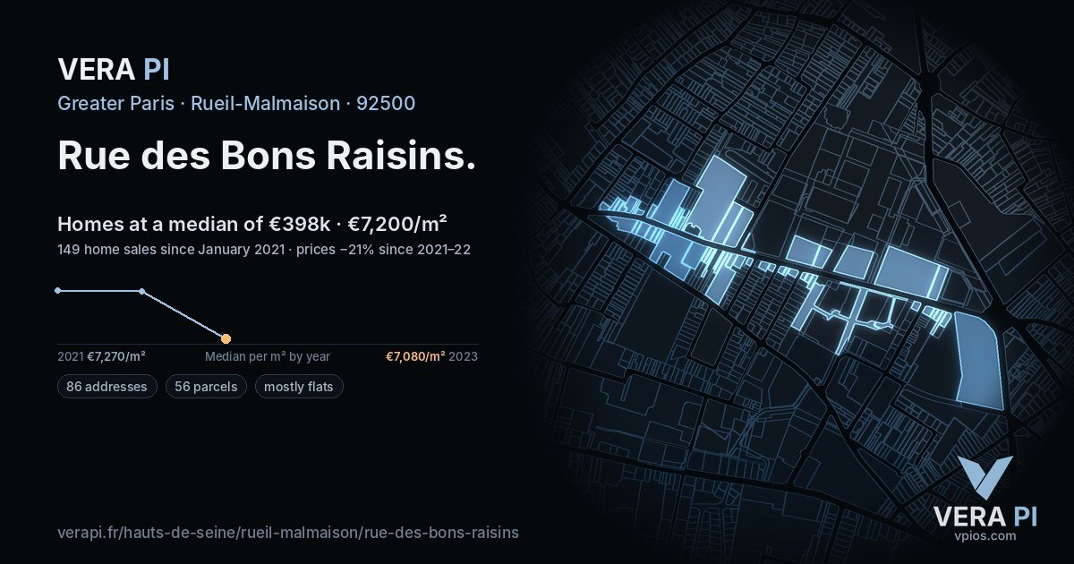 Rue des Bons Raisins, Rueil-Malmaison at night – every parcel coloured by the prices around it, the street's own parcels lit