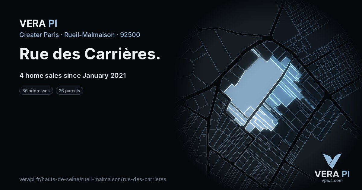 Rue des Carrières, Rueil-Malmaison at night – every parcel coloured by the prices around it, the street's own parcels lit