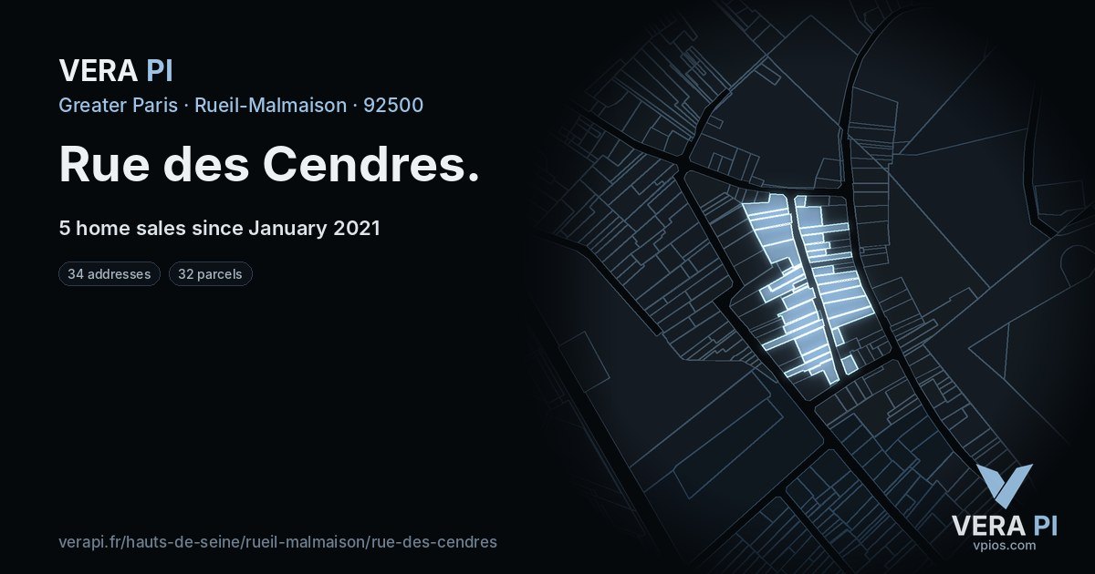 Rue des Cendres, Rueil-Malmaison at night – every parcel coloured by the prices around it, the street's own parcels lit