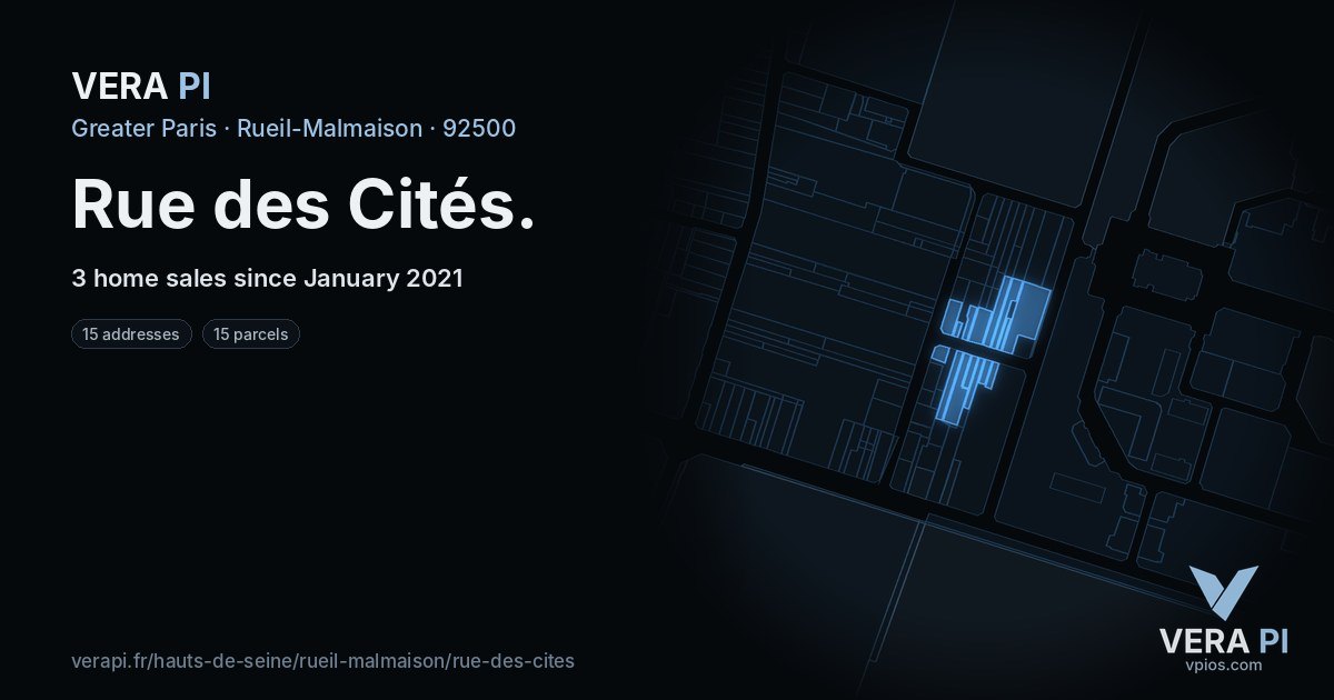 Rue des Cités, Rueil-Malmaison at night – every parcel coloured by the prices around it, the street's own parcels lit
