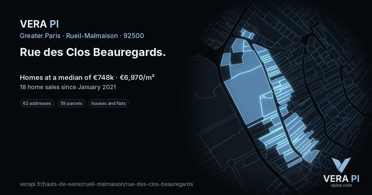 Rue des Clos Beauregards, Rueil-Malmaison at night – every parcel coloured by the prices around it, the street's own parcels lit