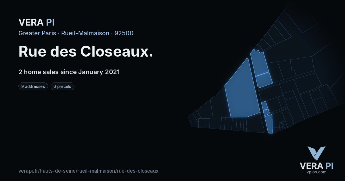 Rue des Closeaux, Rueil-Malmaison at night – every parcel coloured by the prices around it, the street's own parcels lit