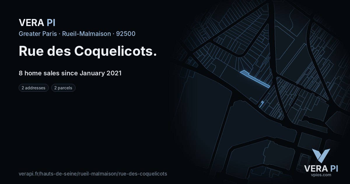 Rue des Coquelicots, Rueil-Malmaison at night – every parcel coloured by the prices around it, the street's own parcels lit