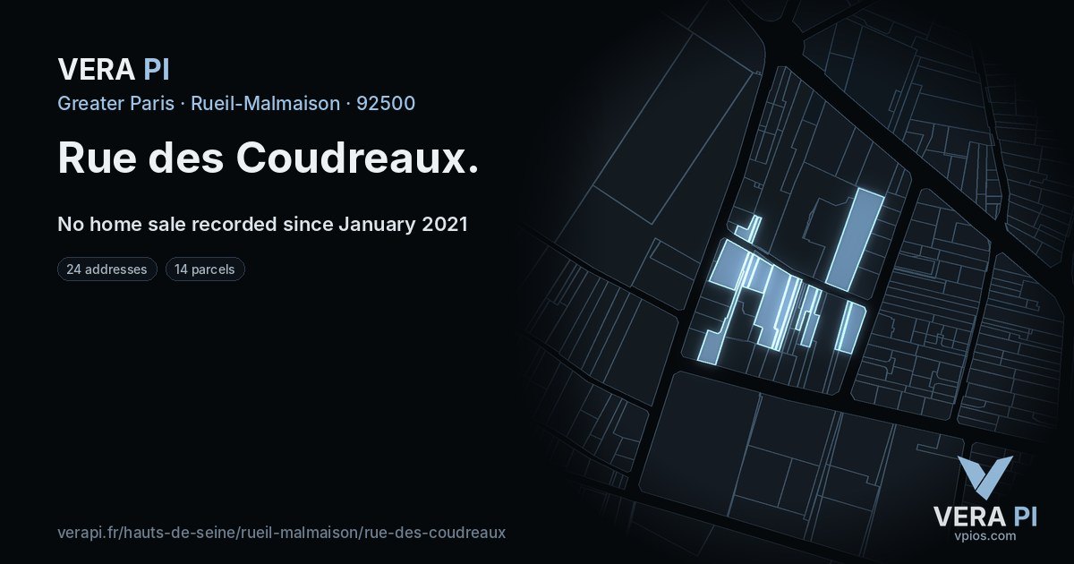Rue des Coudreaux, Rueil-Malmaison at night – every parcel coloured by the prices around it, the street's own parcels lit