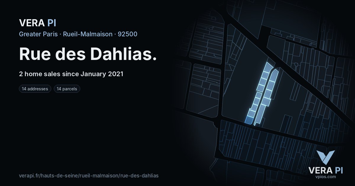 Rue des Dahlias, Rueil-Malmaison at night – every parcel coloured by the prices around it, the street's own parcels lit