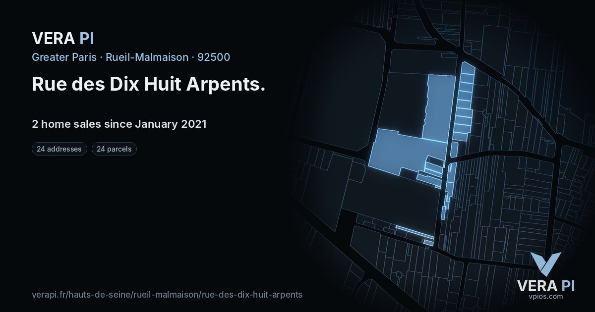 Rue des Dix Huit Arpents, Rueil-Malmaison at night – every parcel coloured by the prices around it, the street's own parcels lit