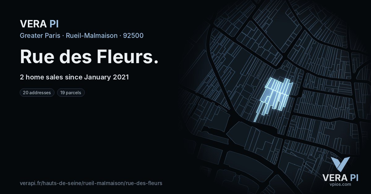 Rue des Fleurs, Rueil-Malmaison at night – every parcel coloured by the prices around it, the street's own parcels lit
