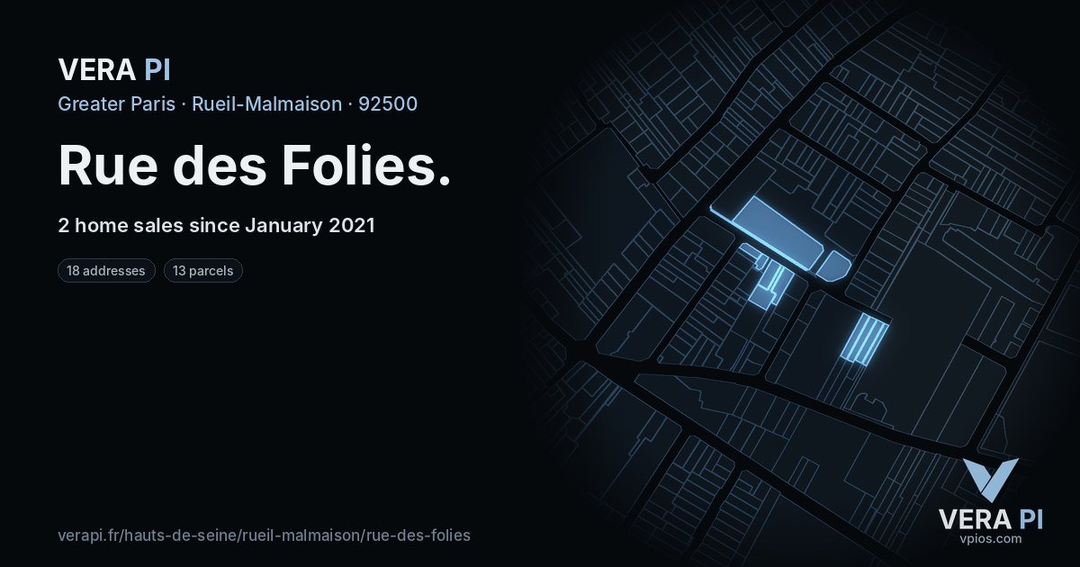 Rue des Folies, Rueil-Malmaison at night – every parcel coloured by the prices around it, the street's own parcels lit