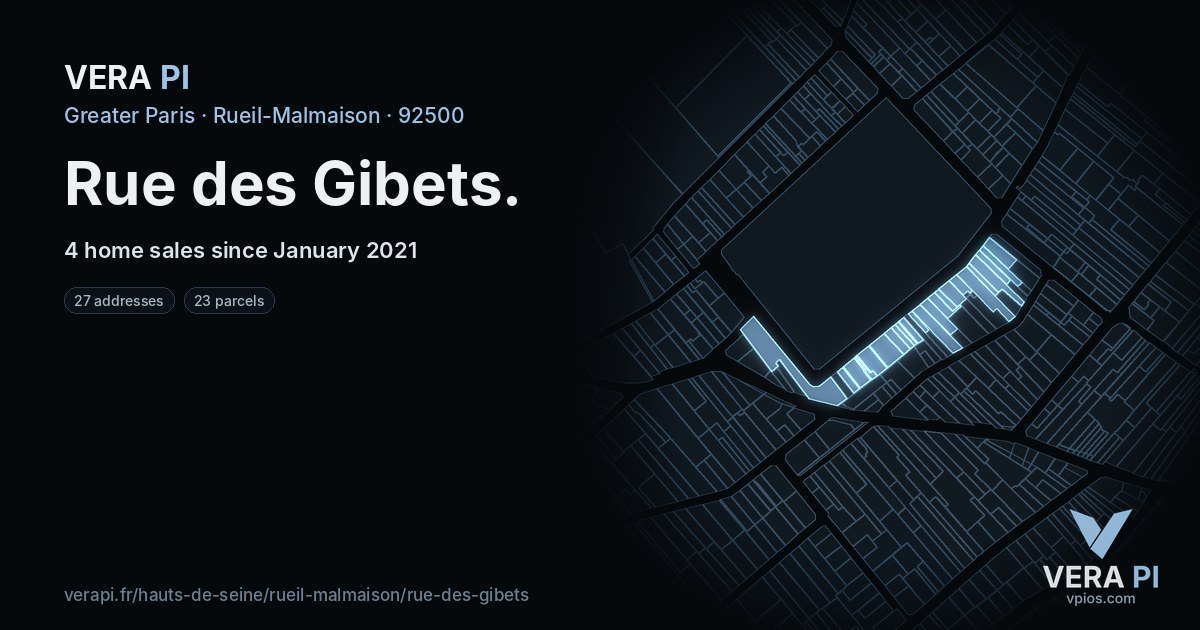 Rue des Gibets, Rueil-Malmaison at night – every parcel coloured by the prices around it, the street's own parcels lit