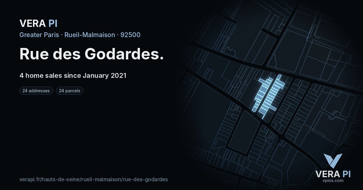 Rue des Godardes, Rueil-Malmaison at night – every parcel coloured by the prices around it, the street's own parcels lit