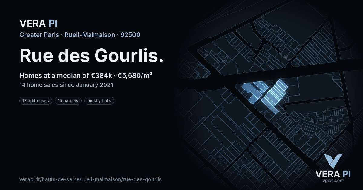 Rue des Gourlis, Rueil-Malmaison at night – every parcel coloured by the prices around it, the street's own parcels lit