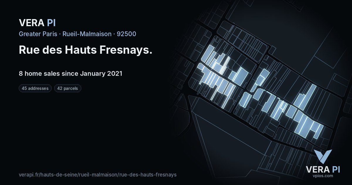 Rue des Hauts Fresnays, Rueil-Malmaison at night – every parcel coloured by the prices around it, the street's own parcels lit