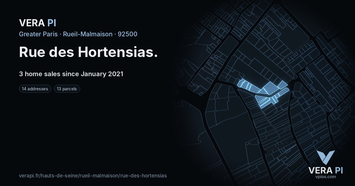 Rue des Hortensias, Rueil-Malmaison at night – every parcel coloured by the prices around it, the street's own parcels lit