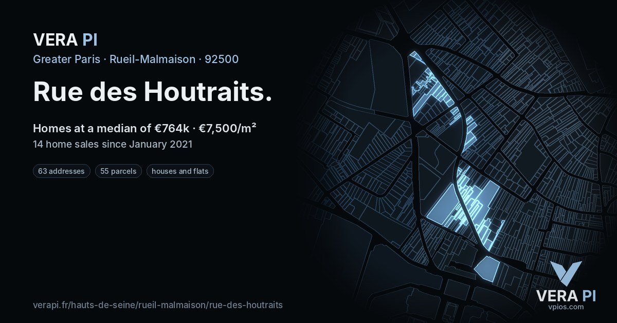 Rue des Houtraits, Rueil-Malmaison at night – every parcel coloured by the prices around it, the street's own parcels lit