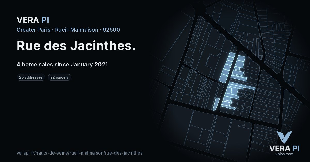 Rue des Jacinthes, Rueil-Malmaison at night – every parcel coloured by the prices around it, the street's own parcels lit