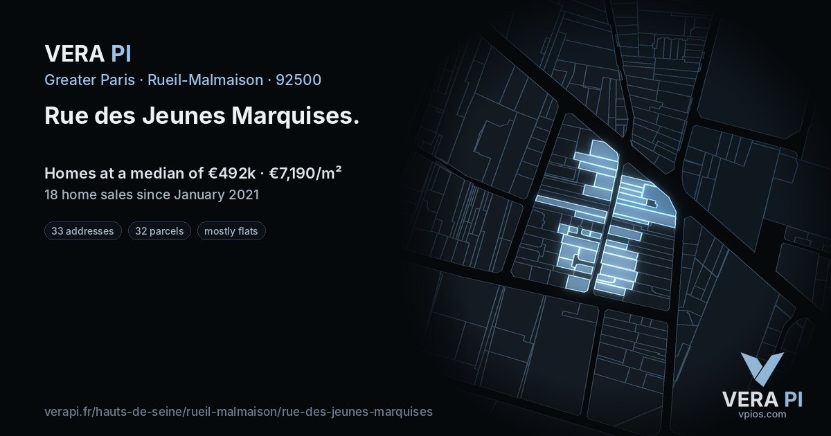 Rue des Jeunes Marquises, Rueil-Malmaison at night – every parcel coloured by the prices around it, the street's own parcels lit