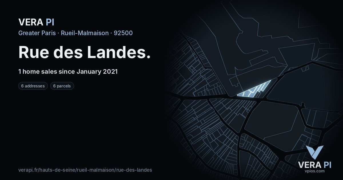 Rue des Landes, Rueil-Malmaison at night – every parcel coloured by the prices around it, the street's own parcels lit