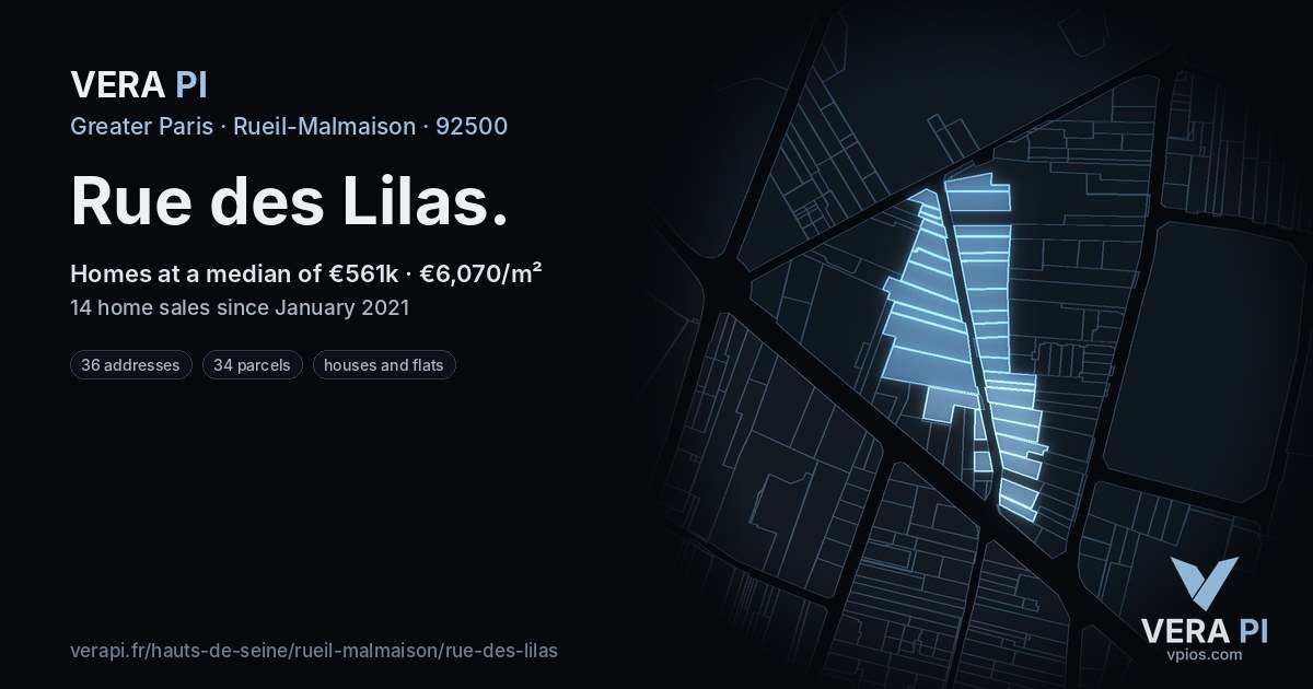 Rue des Lilas, Rueil-Malmaison at night – every parcel coloured by the prices around it, the street's own parcels lit