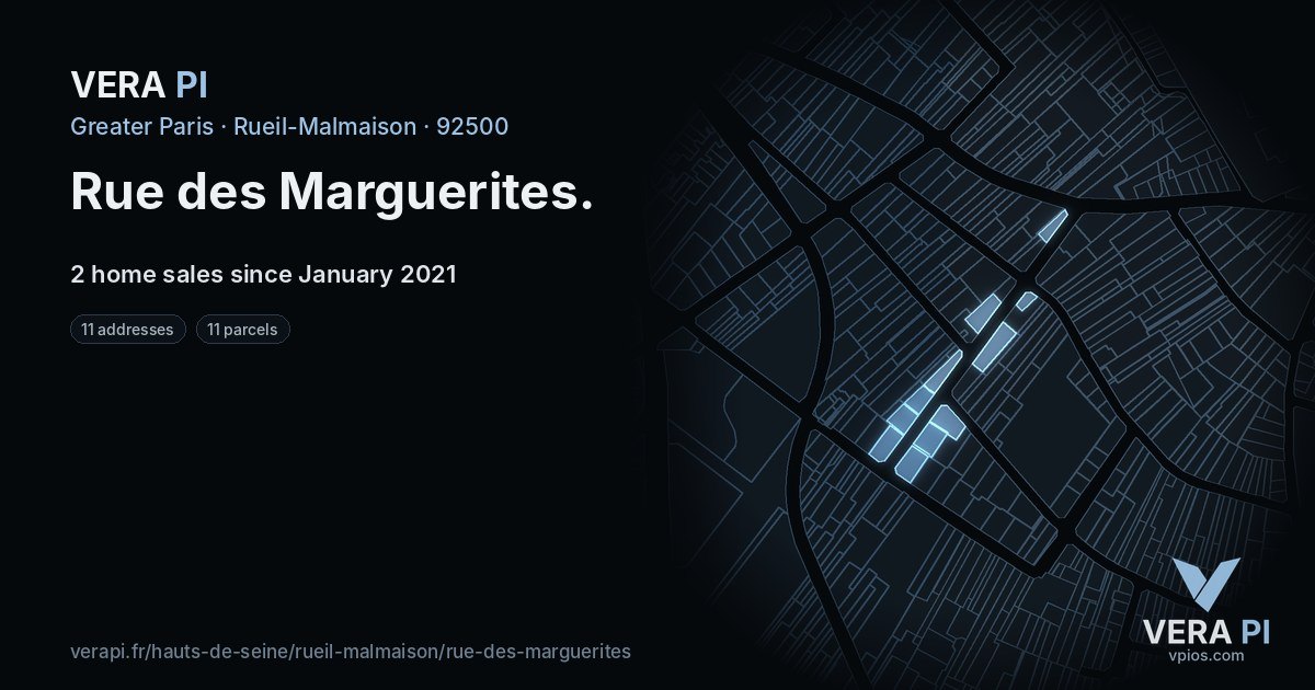 Rue des Marguerites, Rueil-Malmaison at night – every parcel coloured by the prices around it, the street's own parcels lit