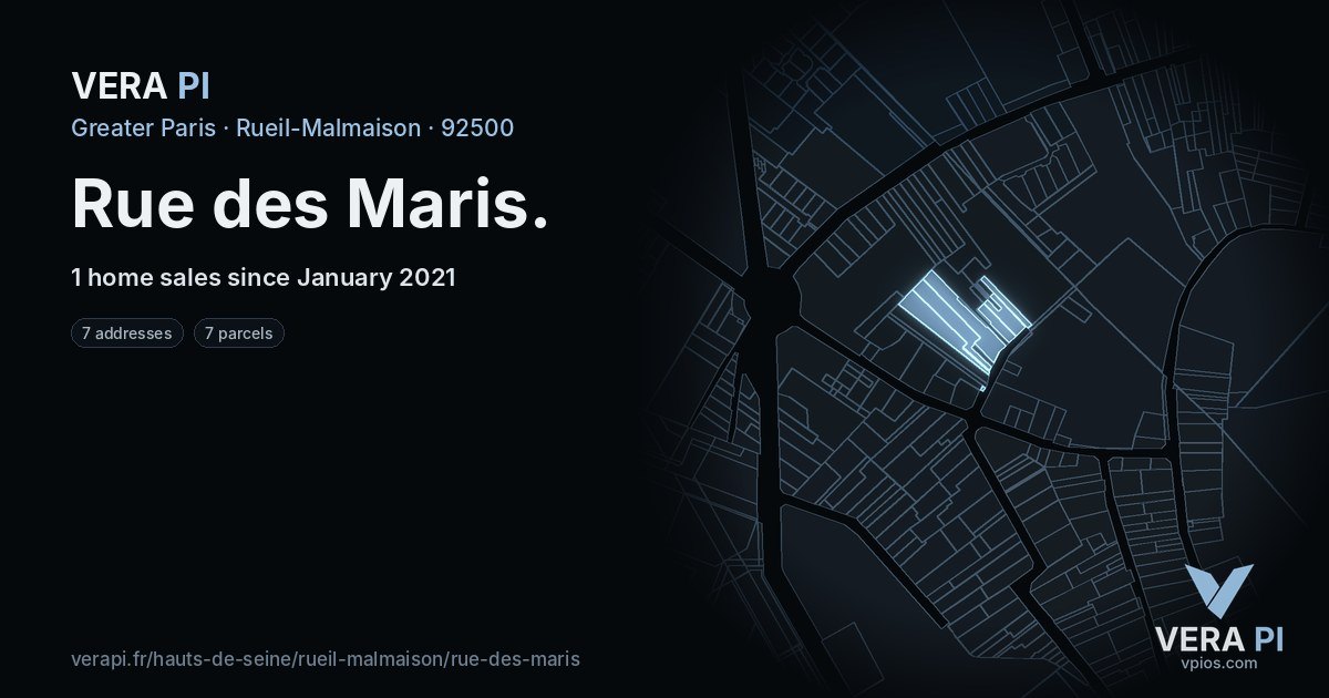Rue des Maris, Rueil-Malmaison at night – every parcel coloured by the prices around it, the street's own parcels lit