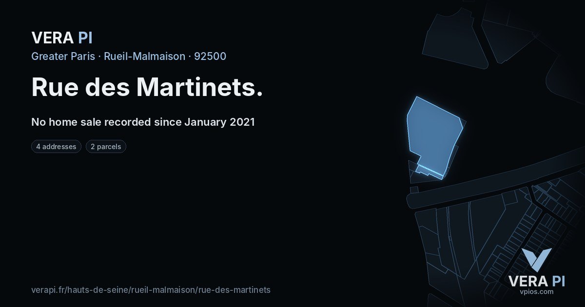 Rue des Martinets, Rueil-Malmaison at night – every parcel coloured by the prices around it, the street's own parcels lit