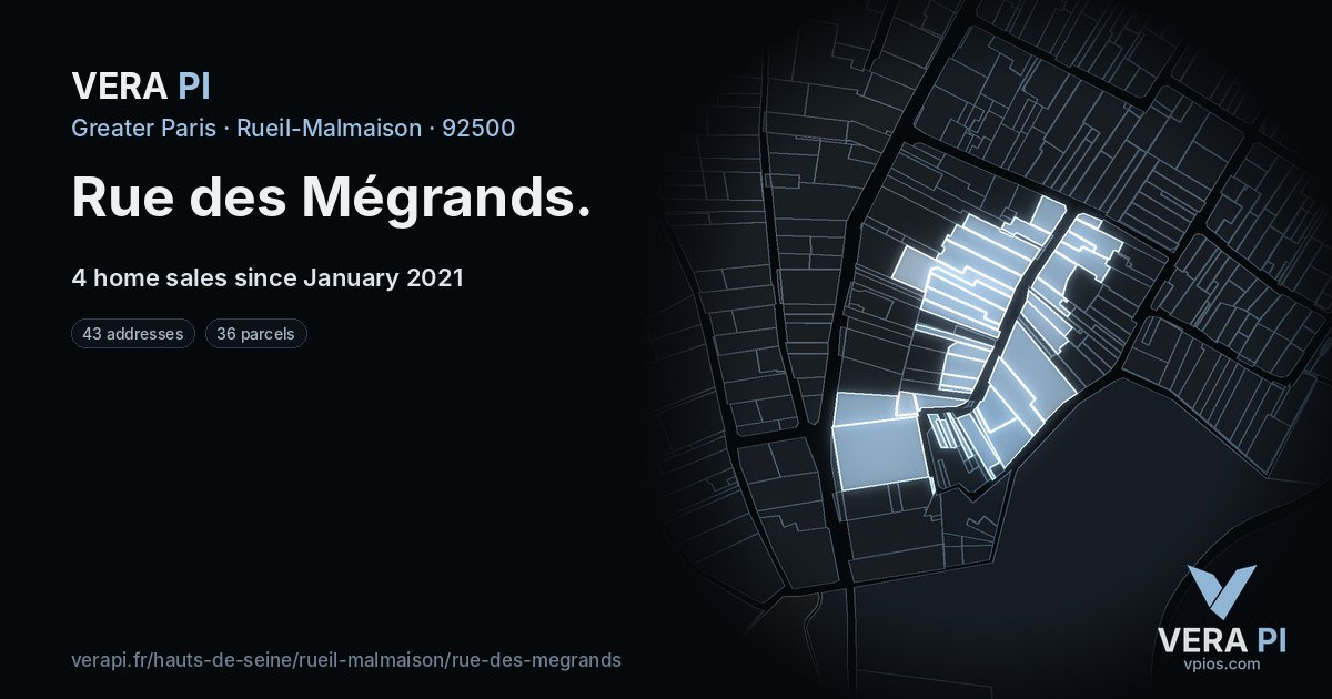 Rue des Mégrands, Rueil-Malmaison at night – every parcel coloured by the prices around it, the street's own parcels lit