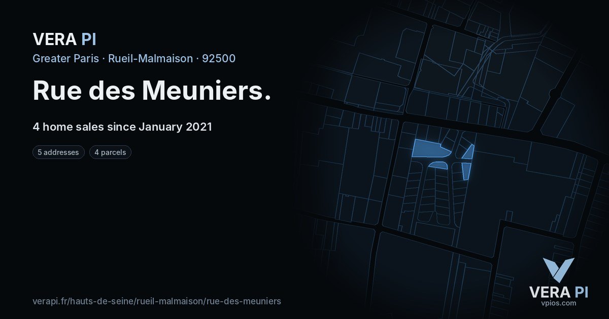 Rue des Meuniers, Rueil-Malmaison at night – every parcel coloured by the prices around it, the street's own parcels lit