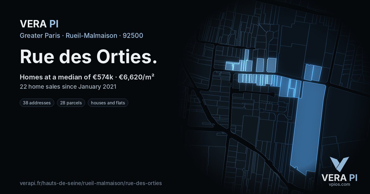 Rue des Orties, Rueil-Malmaison at night – every parcel coloured by the prices around it, the street's own parcels lit