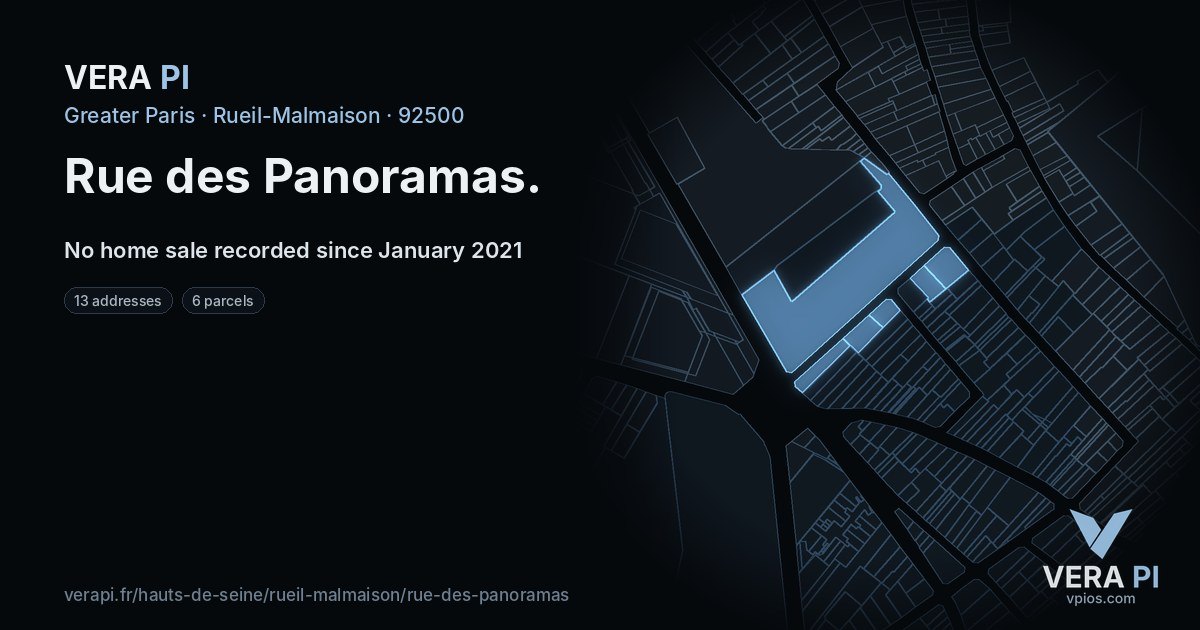 Rue des Panoramas, Rueil-Malmaison at night – every parcel coloured by the prices around it, the street's own parcels lit