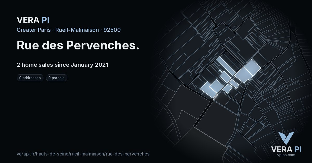Rue des Pervenches, Rueil-Malmaison at night – every parcel coloured by the prices around it, the street's own parcels lit