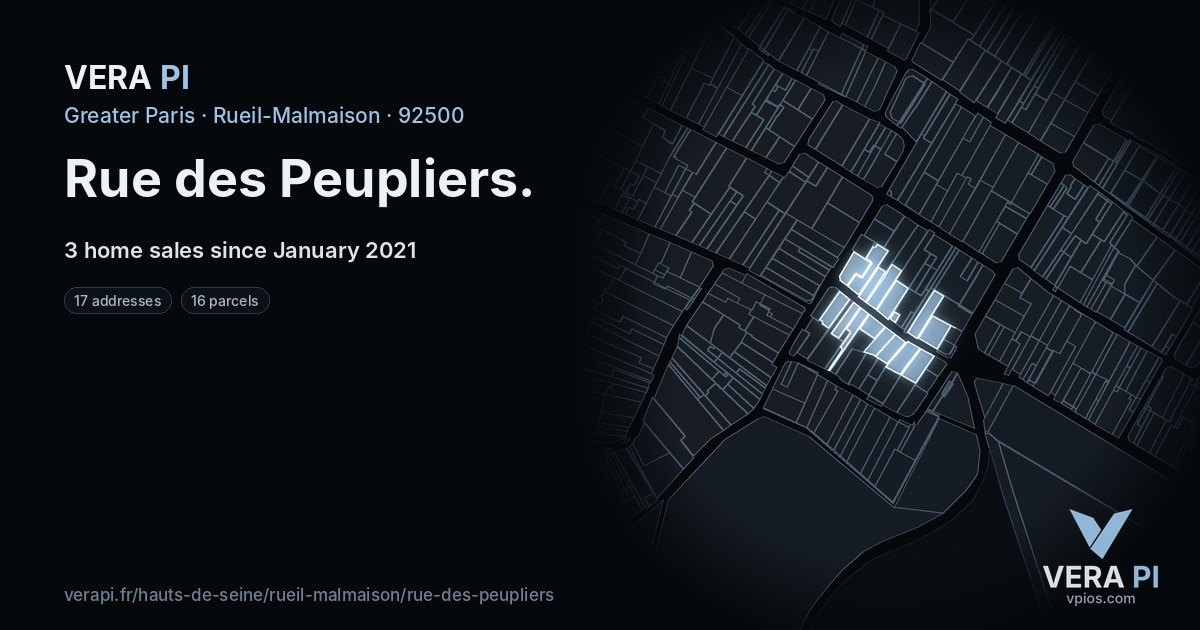 Rue des Peupliers, Rueil-Malmaison at night – every parcel coloured by the prices around it, the street's own parcels lit