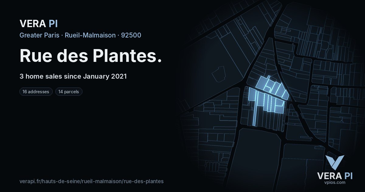 Rue des Plantes, Rueil-Malmaison at night – every parcel coloured by the prices around it, the street's own parcels lit