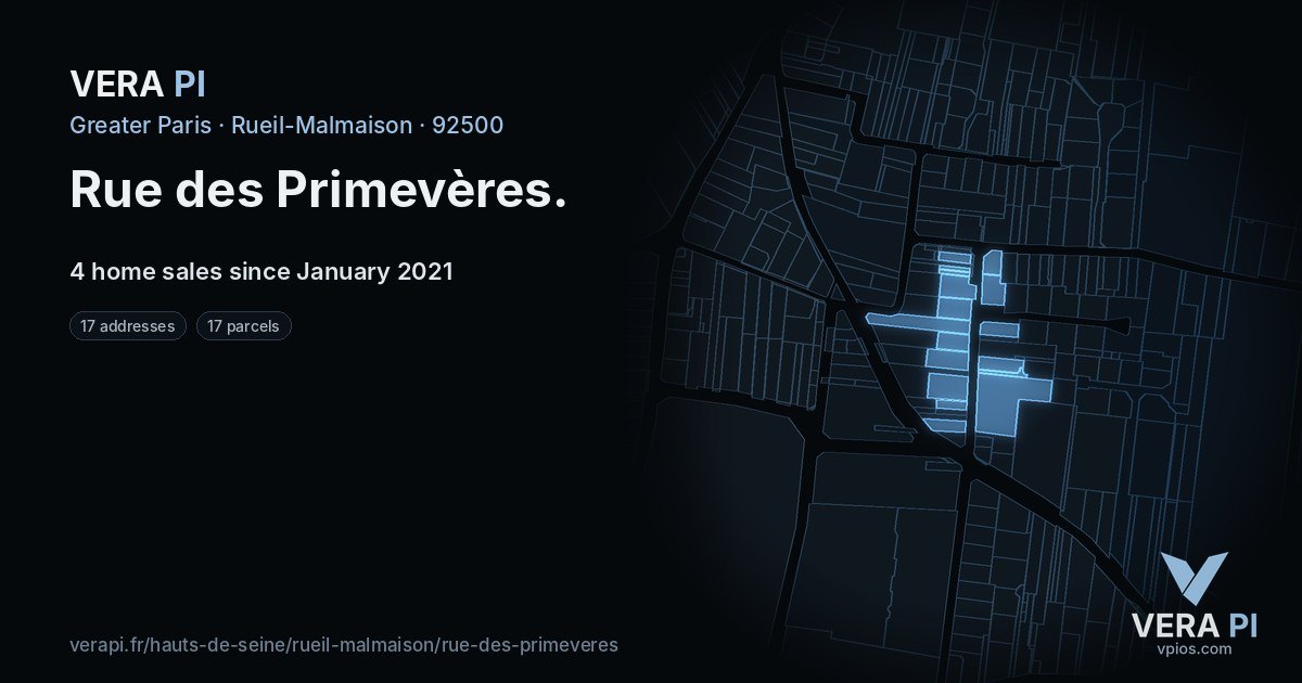 Rue des Primevères, Rueil-Malmaison at night – every parcel coloured by the prices around it, the street's own parcels lit