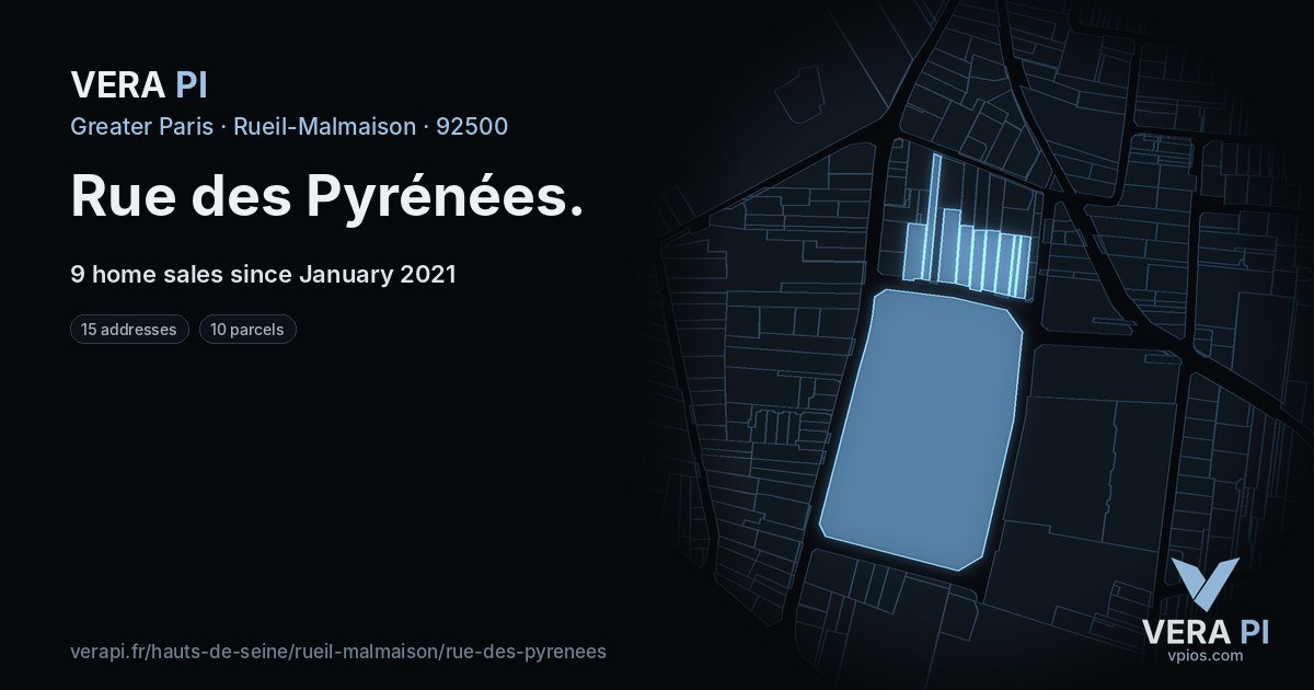 Rue des Pyrénées, Rueil-Malmaison at night – every parcel coloured by the prices around it, the street's own parcels lit