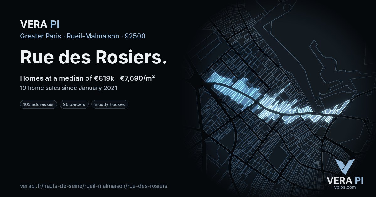 Rue des Rosiers, Rueil-Malmaison at night – every parcel coloured by the prices around it, the street's own parcels lit