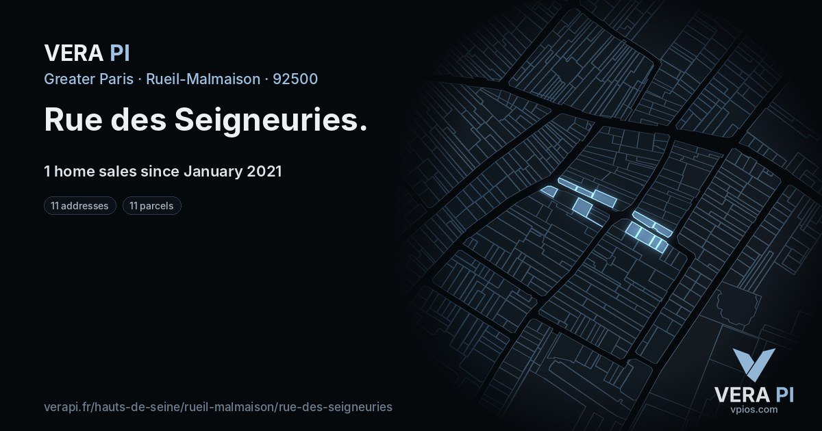 Rue des Seigneuries, Rueil-Malmaison at night – every parcel coloured by the prices around it, the street's own parcels lit