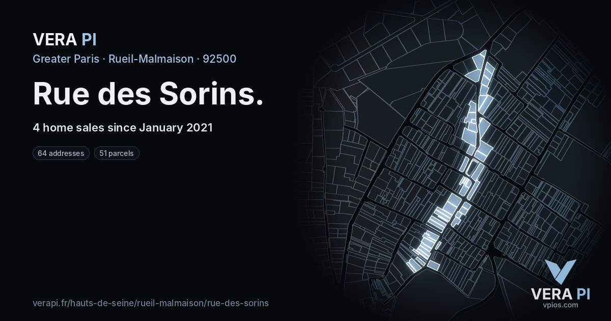 Rue des Sorins, Rueil-Malmaison at night – every parcel coloured by the prices around it, the street's own parcels lit