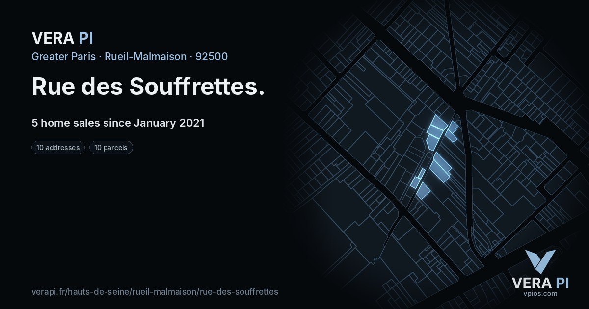 Rue des Souffrettes, Rueil-Malmaison at night – every parcel coloured by the prices around it, the street's own parcels lit