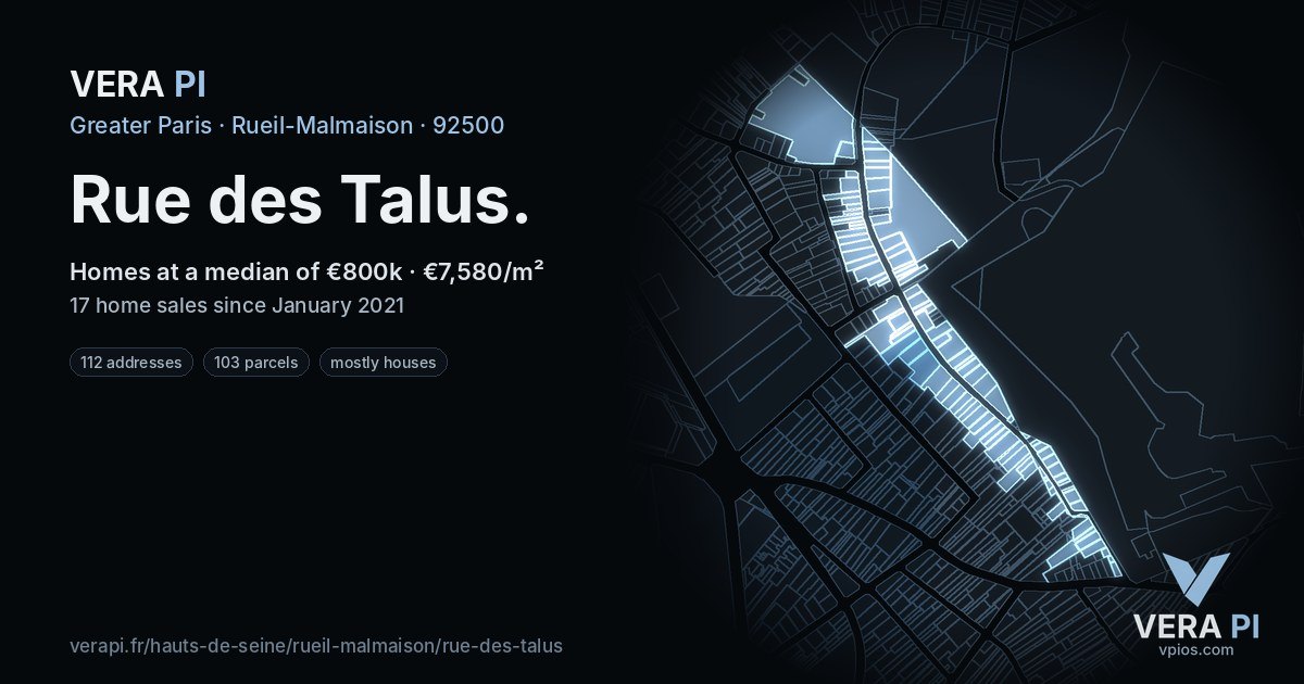 Rue des Talus, Rueil-Malmaison at night – every parcel coloured by the prices around it, the street's own parcels lit
