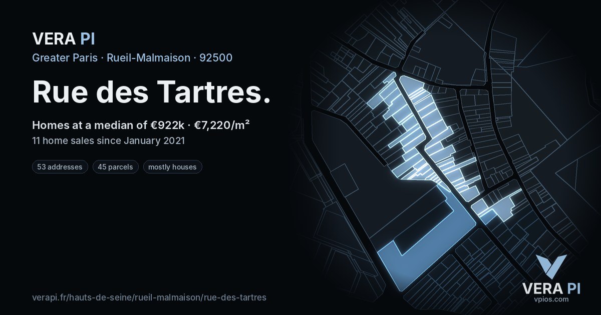 Rue des Tartres, Rueil-Malmaison at night – every parcel coloured by the prices around it, the street's own parcels lit