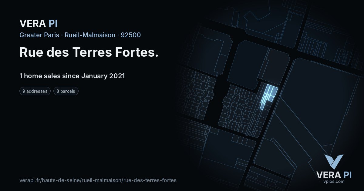 Rue des Terres Fortes, Rueil-Malmaison at night – every parcel coloured by the prices around it, the street's own parcels lit