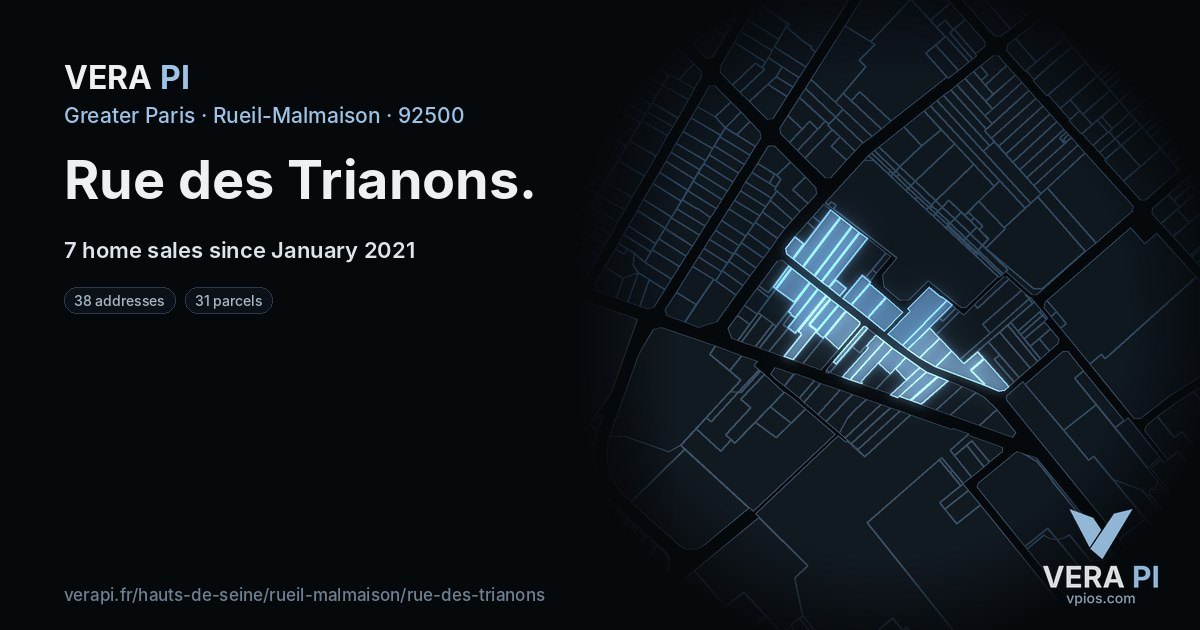 Rue des Trianons, Rueil-Malmaison at night – every parcel coloured by the prices around it, the street's own parcels lit