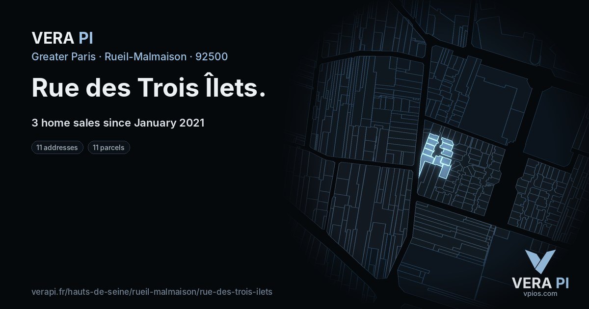 Rue des Trois Îlets, Rueil-Malmaison at night – every parcel coloured by the prices around it, the street's own parcels lit