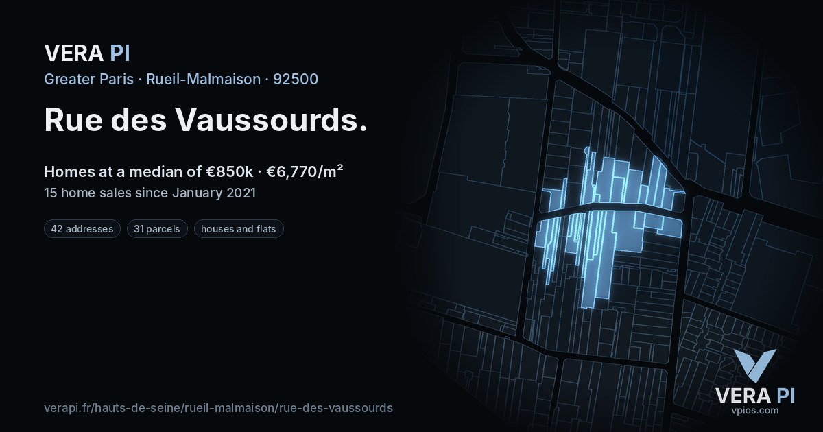 Rue des Vaussourds, Rueil-Malmaison at night – every parcel coloured by the prices around it, the street's own parcels lit