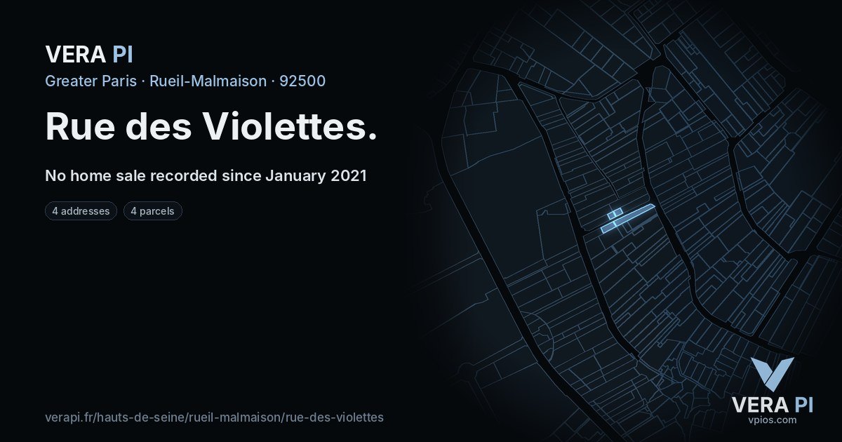 Rue des Violettes, Rueil-Malmaison at night – every parcel coloured by the prices around it, the street's own parcels lit