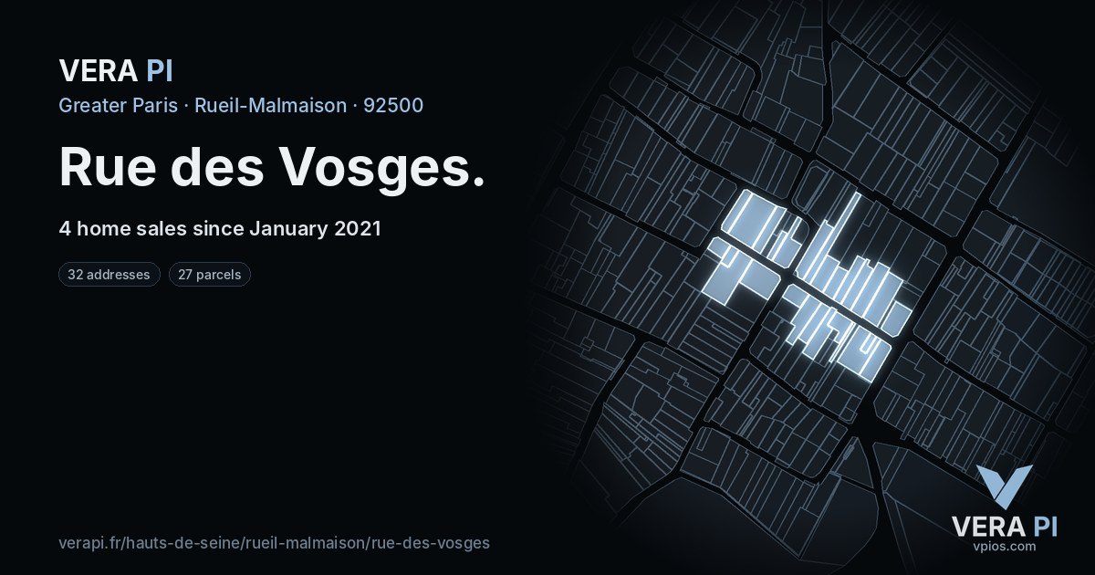 Rue des Vosges, Rueil-Malmaison at night – every parcel coloured by the prices around it, the street's own parcels lit