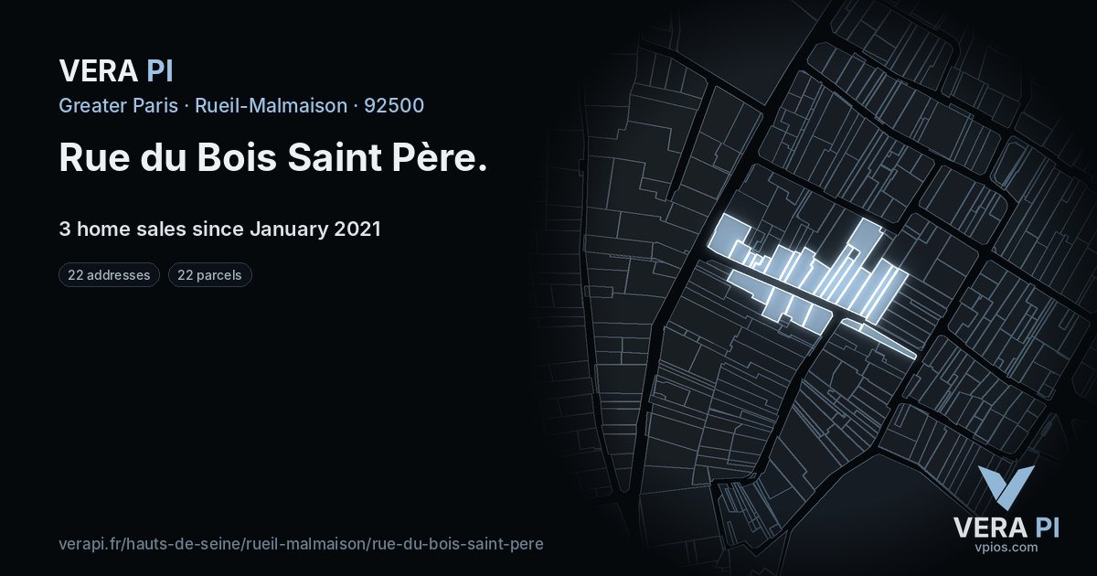 Rue du Bois Saint Père, Rueil-Malmaison at night – every parcel coloured by the prices around it, the street's own parcels lit