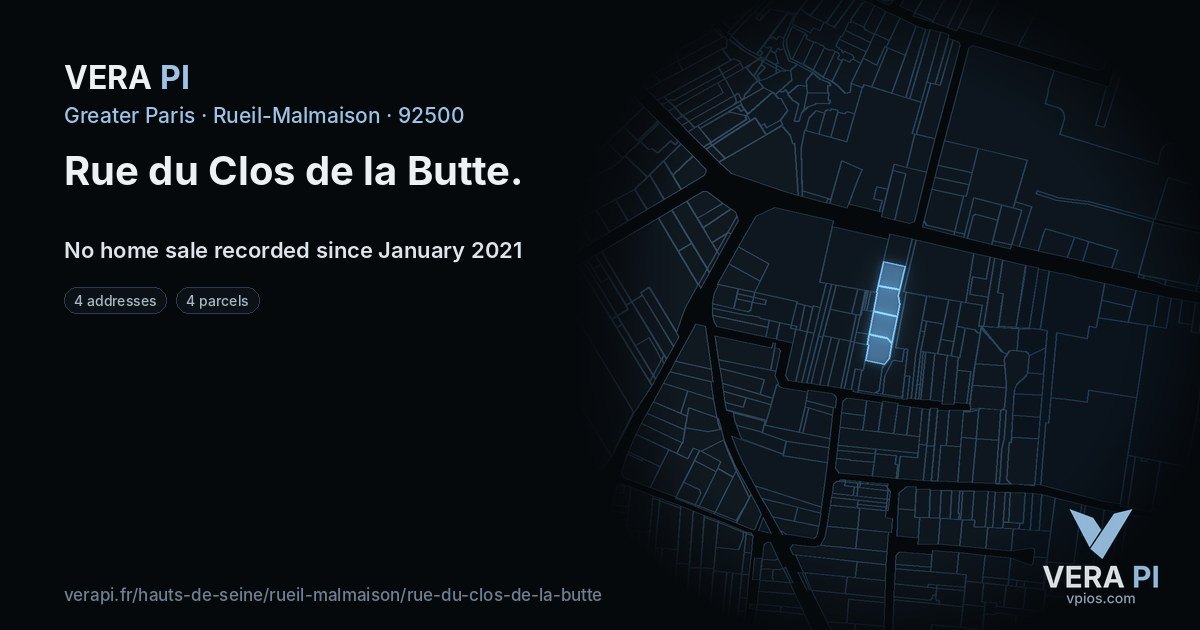 Rue du Clos de la Butte, Rueil-Malmaison at night – every parcel coloured by the prices around it, the street's own parcels lit
